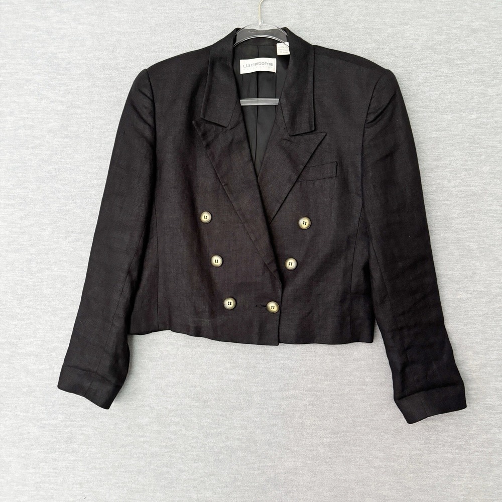 Liz Claiborne Womens Size 8 Vintage Black Double Breasted Cropped Blazer Jacket